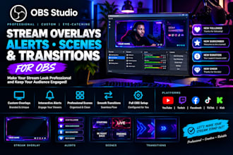 setup professional stream overlays, alerts, scenes and transitions for obs