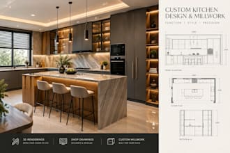 design custom kitchen cabinets and wardrobes with 3d renders and cad plans