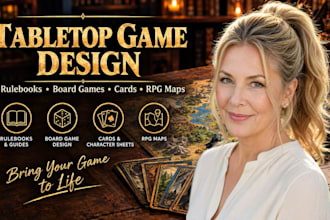 design professional tabletop game rulebook,  board game, cards, and rpg maps