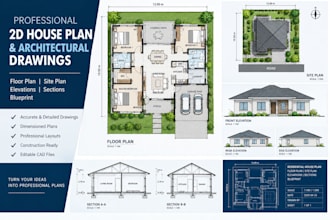 create 2d house plan site plan with floor plan elevations sections and blueprint