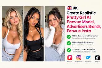create realistic pretty girl ai fanvue model, advertisers brands, fanvue insta