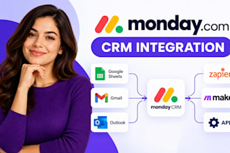 integrate monday CRM google sheets gmail outlook api zapier automation make com