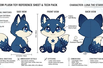 create custom plush toy refrence sheet, stuffed animal design and tech pack