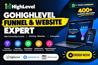 build systeme io and gohighlevel landing page, clickfunnels, funnel and website