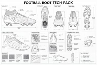 create football boot tech pack, soccer cleat design and footwear production file