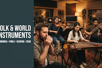 record folk and world instruments harmonica, fiddle, guzheng, sitar