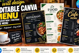 design editable canva menu, restaurant menu, food menu, cafe menu