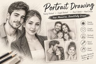 family portrait, couple portrait, portrait drawing, pencil sketch, hand drawn