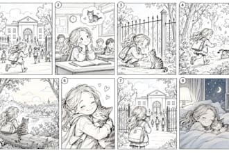 create a hand drawn childrens book storyboard and page layout