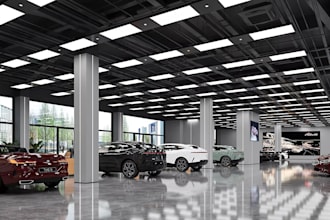 create a luxury 3d car dealership or auto showroom interior and exterior render