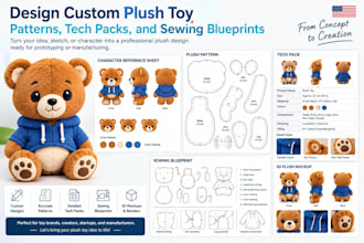 design custom plush toy patterns, tech packs, and sewing blueprints