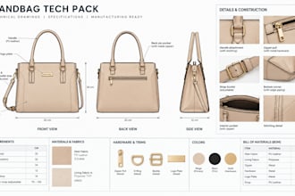 create a professional handbag tech pack for manufacturing