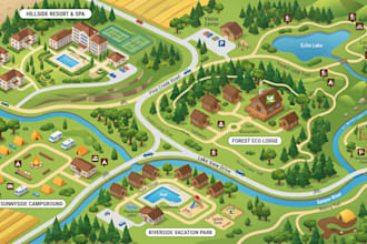 design illustrated resort map, eco lodge, campground and vacation park maps