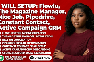 setup flowlu, the magazine manager, nice job, pipedive, constant contact, active