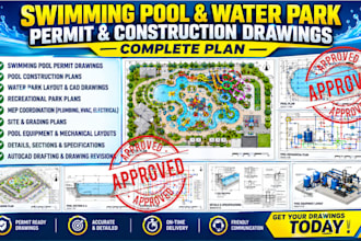 design swimming pool permit construction drawings park, water park cad mep plan