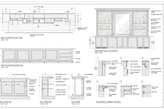 draft restaurant interior, bar millwork and joinery fabrication drawings