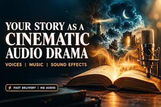 produce a cinematic audio drama with voices, music and sound effects