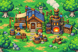 create pixel art tileset, game assets rpg maker, tile map, pixel tileset anime