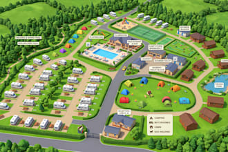design illustrated rv park map, campground map, resort and holiday park map