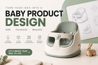 create professional baby products design, 2d drawing, 3d cad render