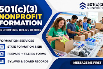 handle 501c3 nonprofit formation end to end, ein, irs forms 1023 and 990