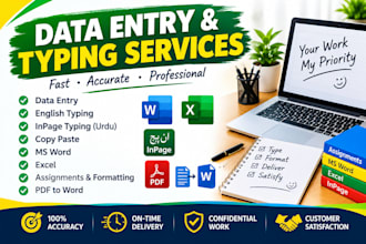 data entry, english typing, inpage typing and assignments