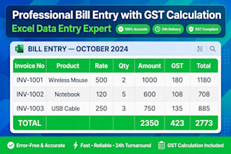 excel data entry, bill entry, and gst invoice with formulas