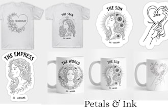 design floral line art for t shirts and mugs