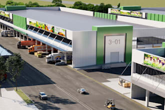 design 3d industrial storage area, factory warehouse with 3d machinery rendering