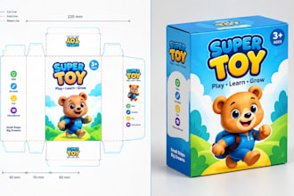 design toy box packaging, kids product packaging, dielines and print ready files