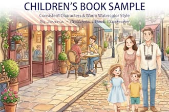 illustrate children book with consistent characters in watercolor