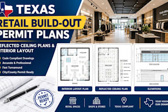 texas retail build out permit plans, reflected celling plans and interior layout