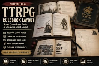 design ttrpg rulebook layout, rpg board game rules book character sheet layout