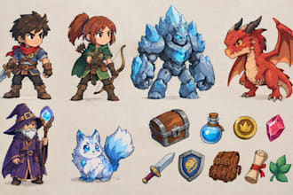 create 2d game assets sprites props icons tilesets and game art