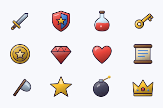 design a 2d game icon pack, flat or painted, for your game
