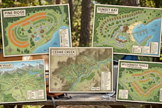 design custom campground, rv park, resort, outdoor, land use and destination map