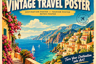 design a custom vintage travel poster, destination poster, tourism poster, retro