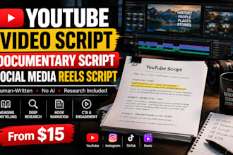 write youtube video script, documentary script, social media reels video script