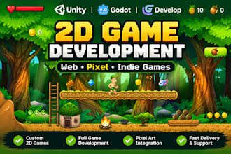 create a 2d game, web game, or indie game using unity, godot or gdevelop