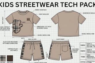 create kidswear babywear tech pack with technical flats fashion apparel garment