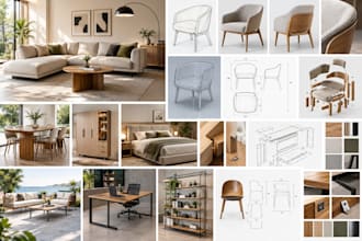 design furniture, chairs, tables, desks and cabinets in 3d cad
