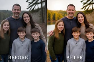 do high end photo editing, unblur image, retouch skin and enhance family photos