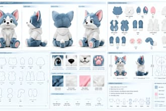 design custom plush reference sheet stuffed animal toy, kawali and ych concept