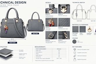 create handbag tech pack for luxury leather purses with measurements, ready
