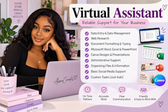 do data entry, virtual assistance, canva, research and more