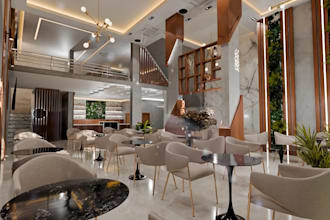 render 3d modern restaurant interior, cafe design, visualize bar, kitchen layout