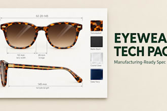 design industrial eyewear tech pack design, factory tech pack and 3d rendering