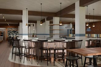 redesign abandon restaurant interior, dessert cafe layout, buffet bar rendering