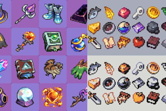 create pixel art game assets, pixel game ui hud weapons, icons
