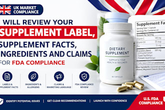 review supplement label, supplement facts, ingredient, claims for fda compliance
